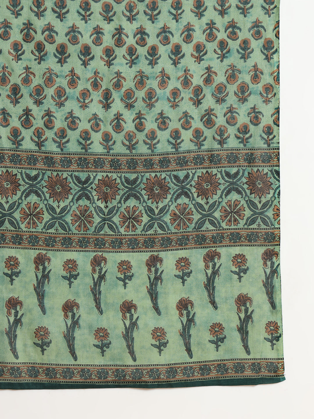 Green block print fabric with traditional floral patterns and intricate border design