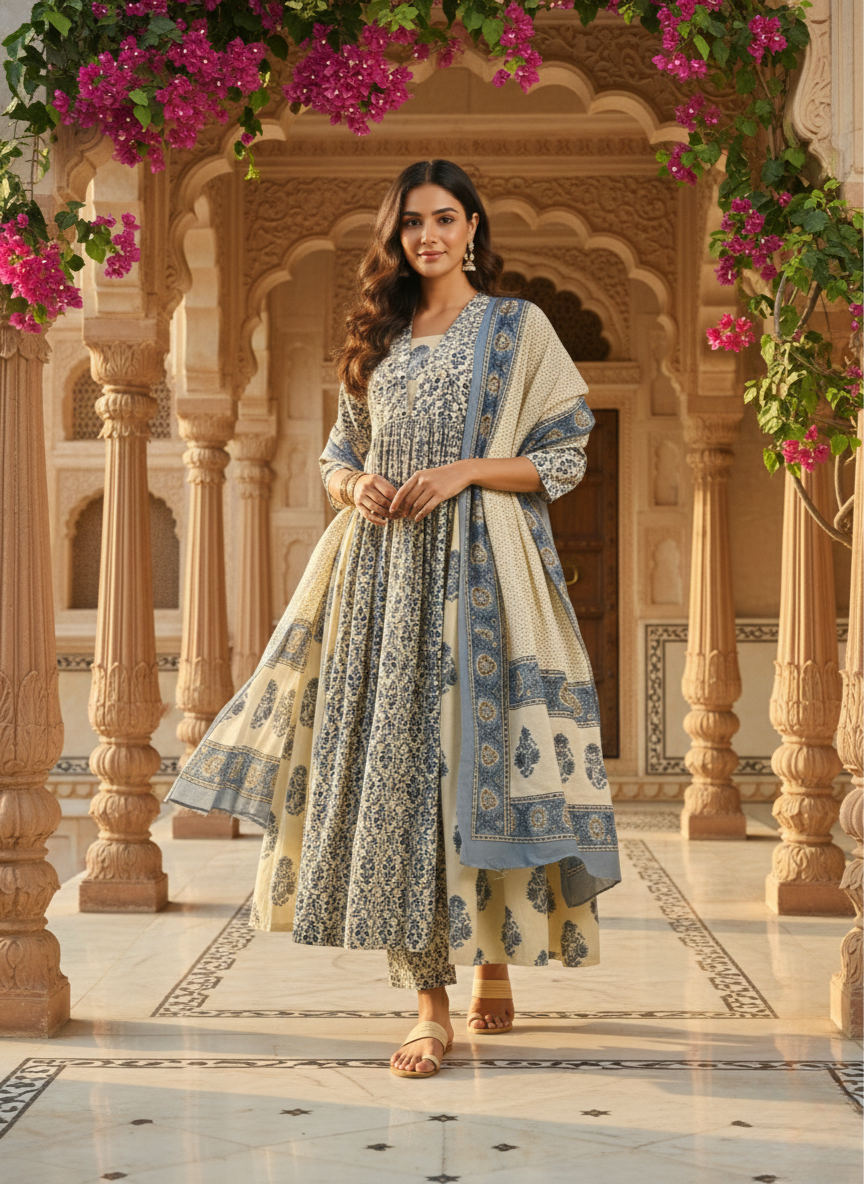 Woman in a floral maternity dress with dupatta, standing in a traditional Indian courtyard with carved pillars and blooming bougainvillea.