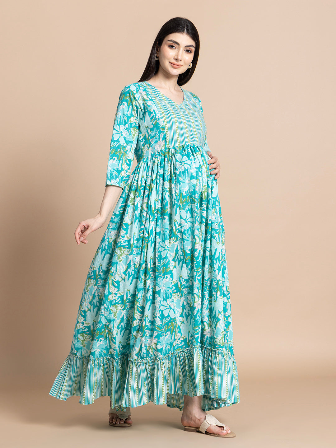 Turquoise Floral Cotton Maternity Maxi Dress with Striped Yoke and Ruffle Hem