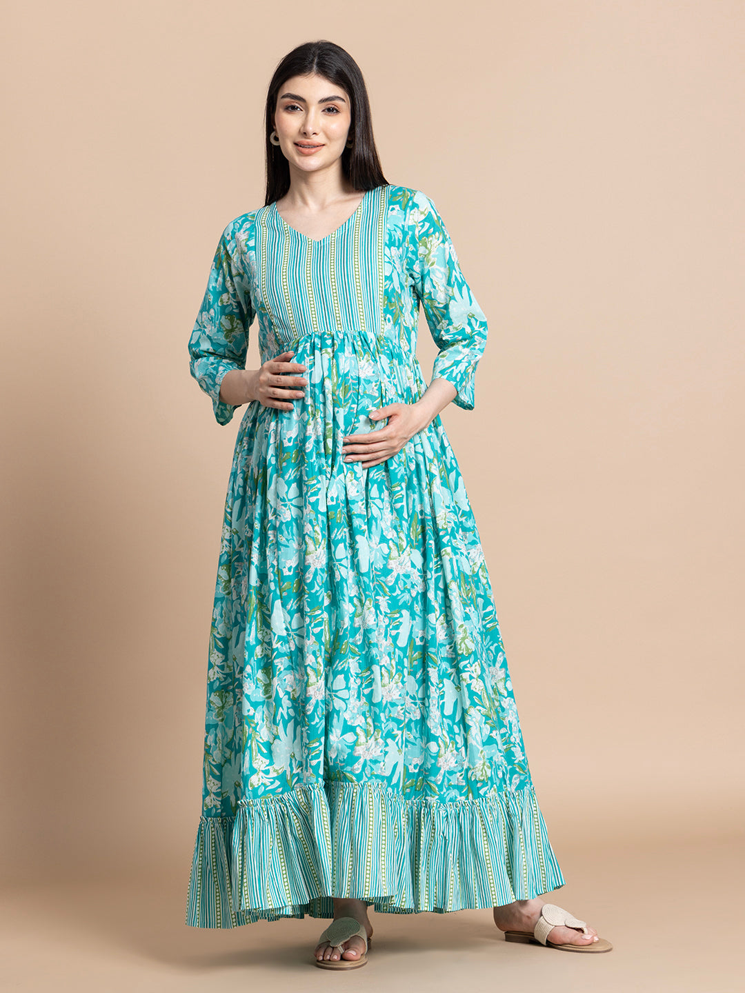 Turquoise Floral Cotton Maternity Maxi Dress with Striped Yoke and Ruffle Hem