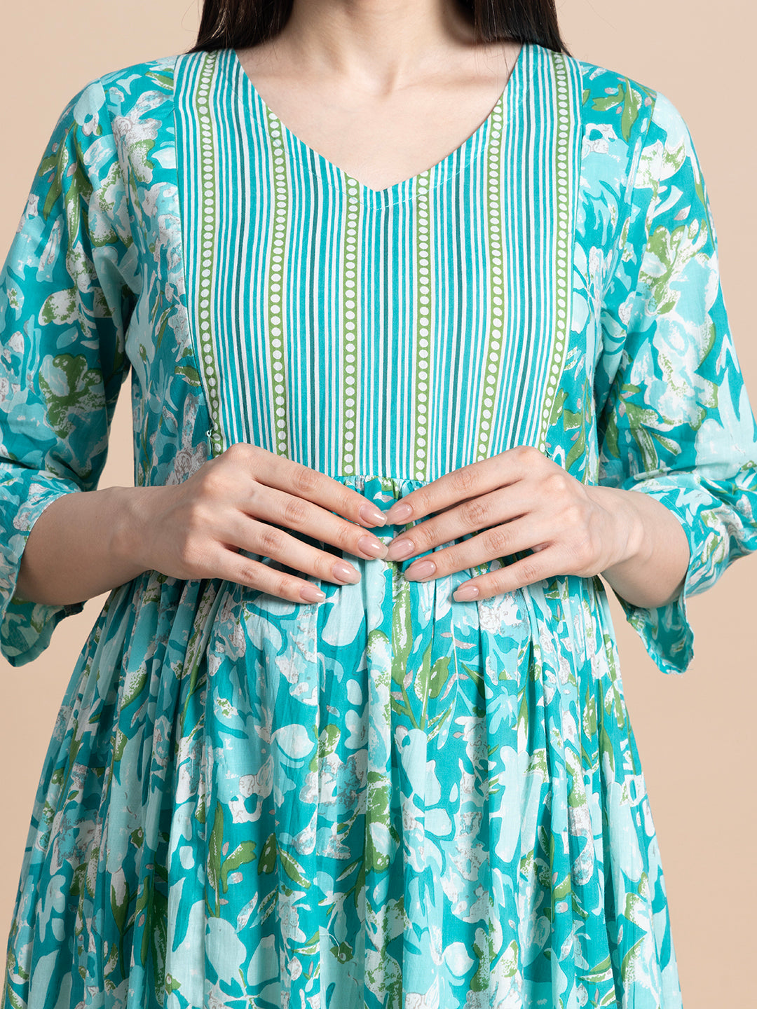 Turquoise Floral Cotton Maternity Maxi Dress with Striped Yoke and Ruffle Hem