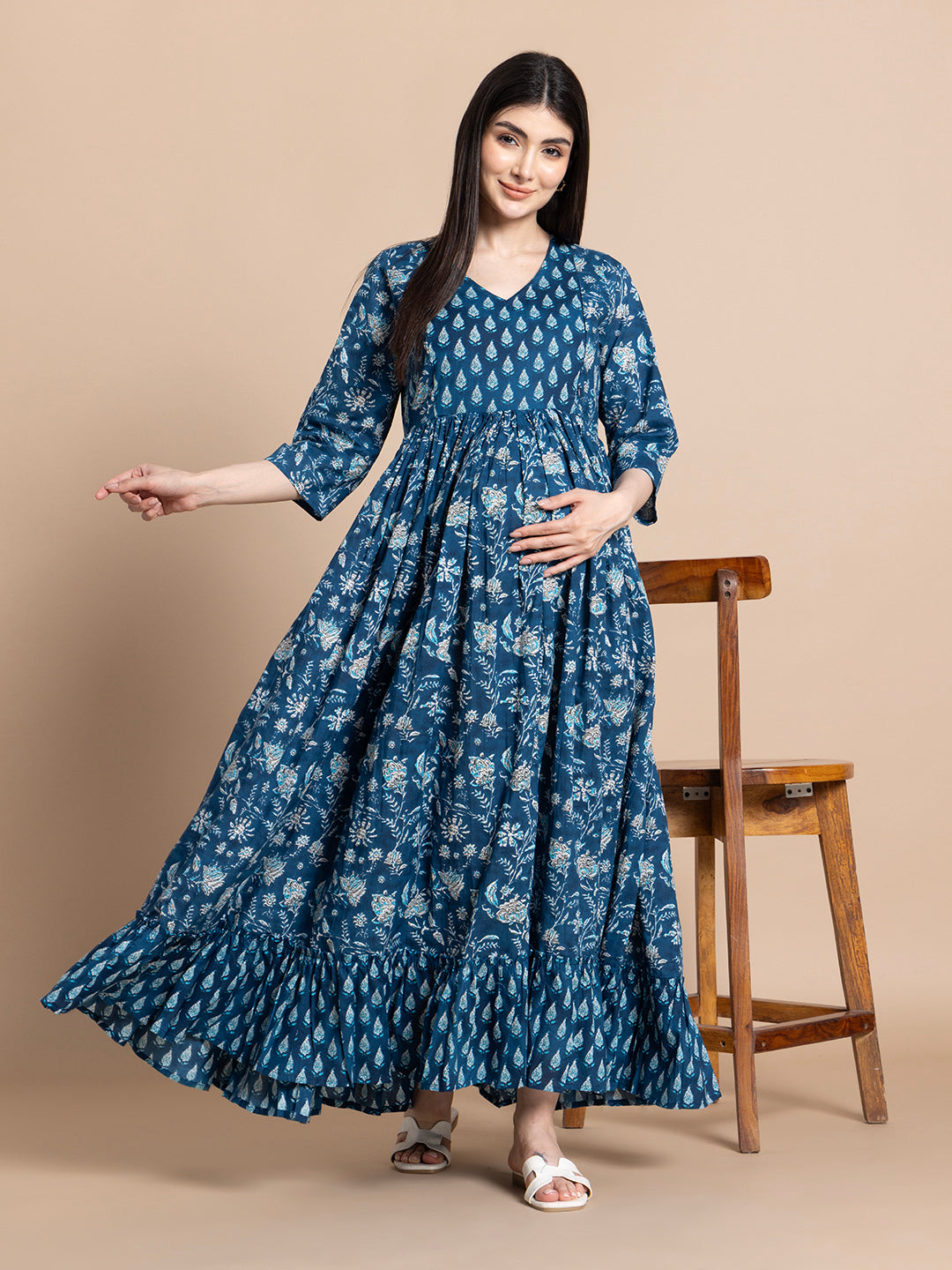 Indigo Floral Pure Cotton Maternity & Nursing Maxi Dress
