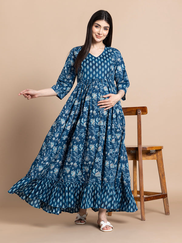 Indigo Floral Pure Cotton Maternity & Nursing Maxi Dress
