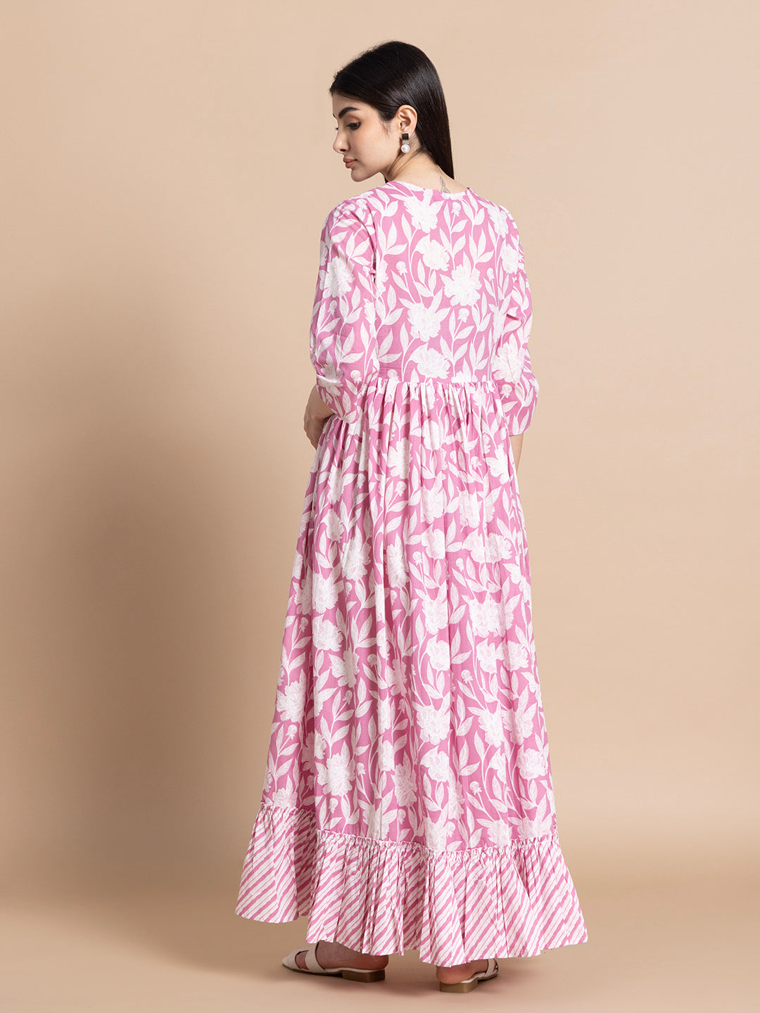Mauve Pink Floral Cotton Maternity Maxi Dress with Contrast Striped Yoke