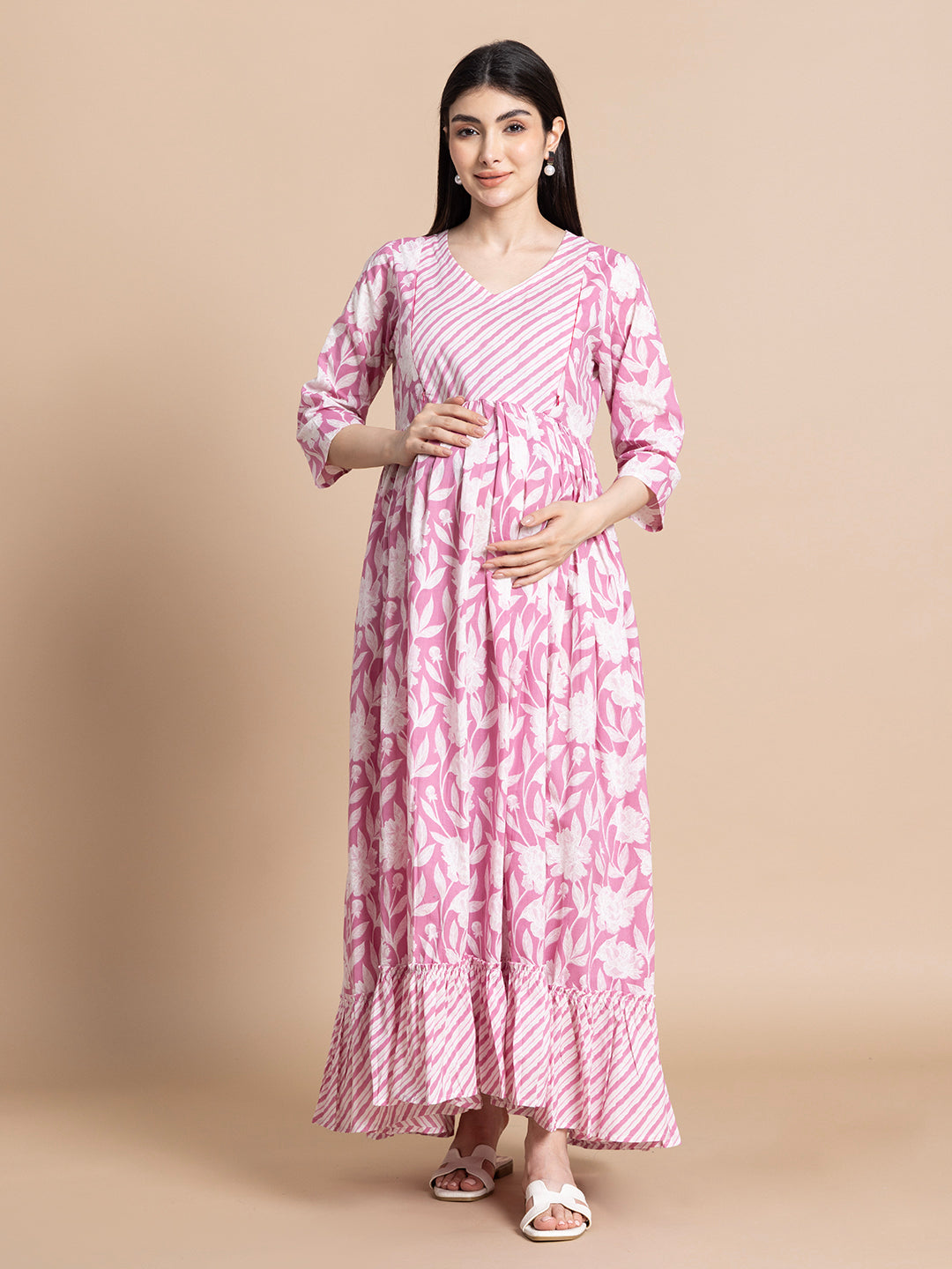 Mauve Pink Floral Cotton Maternity Maxi Dress with Contrast Striped Yoke