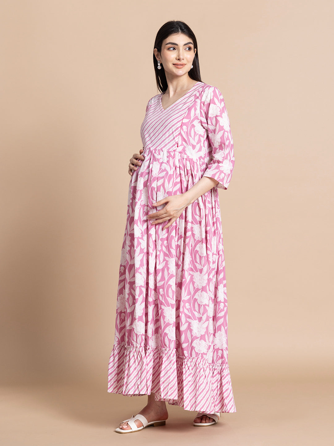 Mauve Pink Floral Cotton Maternity Maxi Dress with Contrast Striped Yoke