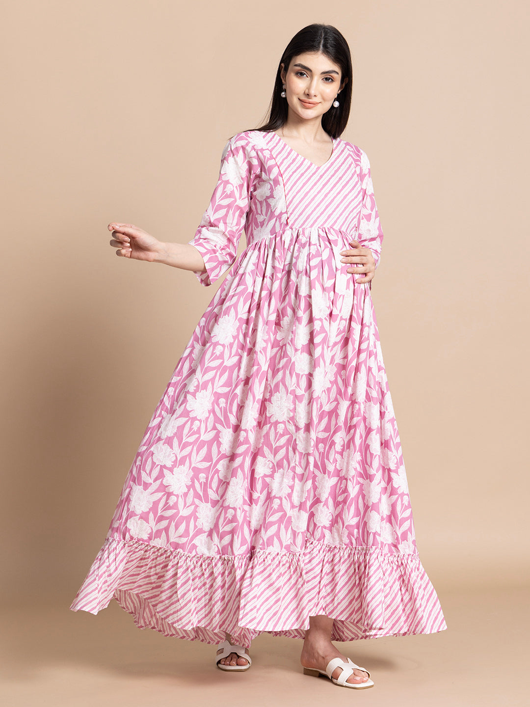 Mauve Pink Floral Cotton Maternity Maxi Dress with Contrast Striped Yoke