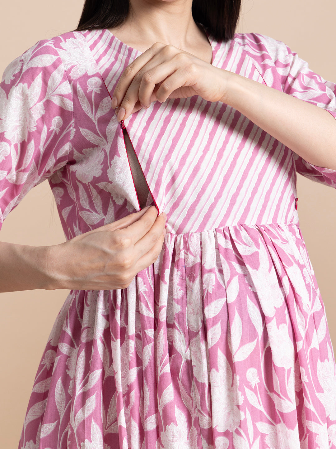 Mauve Pink Floral Cotton Maternity Maxi Dress with Contrast Striped Yoke