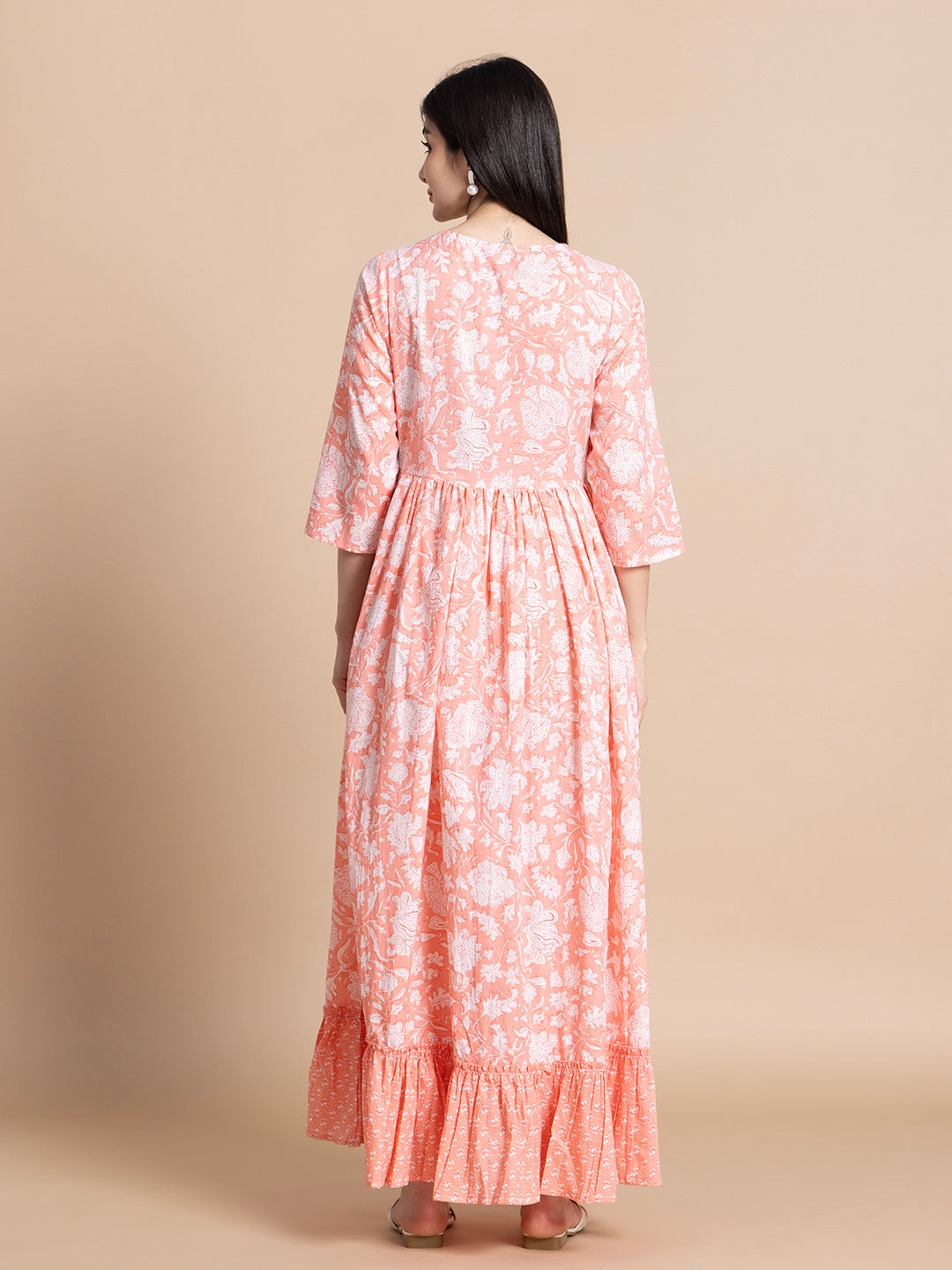 Peach Floral Printed Cotton Maternity Maxi Dress with Ruffle Border
