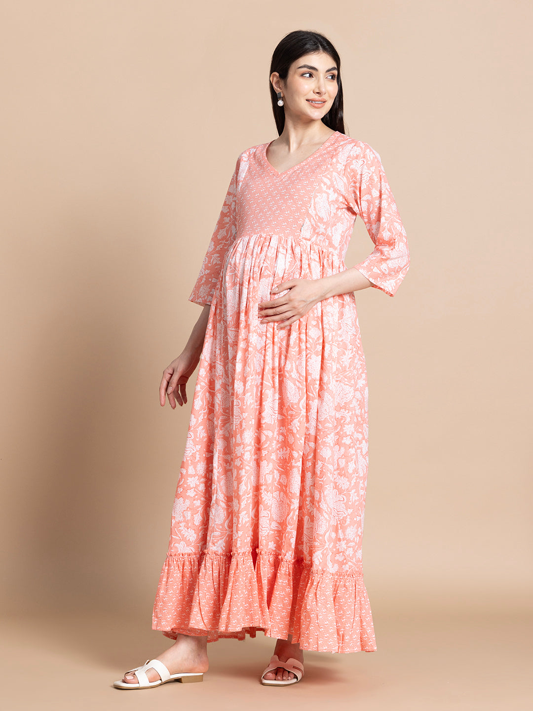 Peach Floral Printed Cotton Maternity Maxi Dress with Ruffle Border