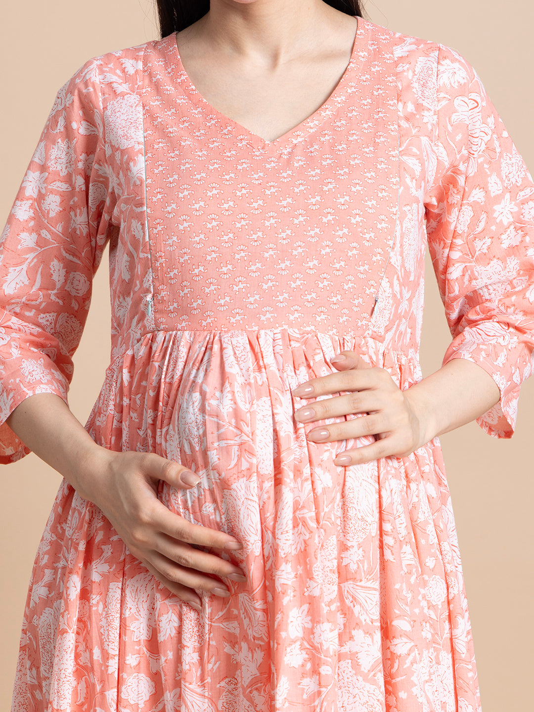 Peach Floral Printed Cotton Maternity Maxi Dress with Ruffle Border