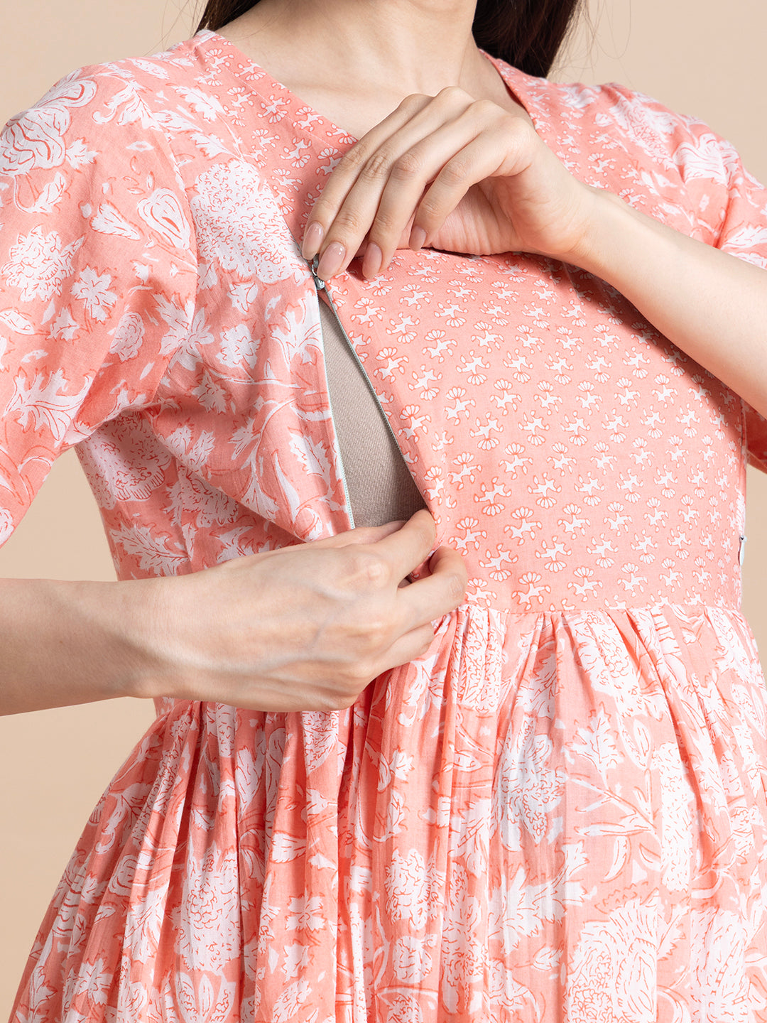 Peach Floral Printed Cotton Maternity Maxi Dress with Ruffle Border
