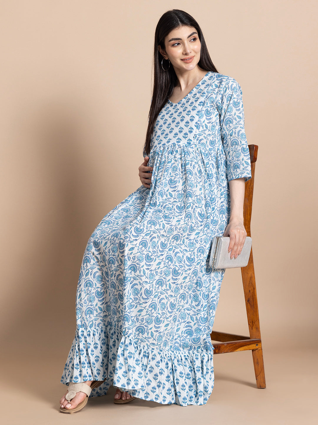 Sky Blue Floral Cotton Maternity Maxi Dress with Ruffle Border