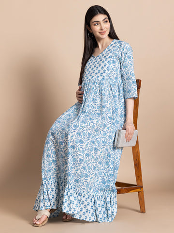 Sky Blue Floral Cotton Maternity Maxi Dress with Ruffle Border