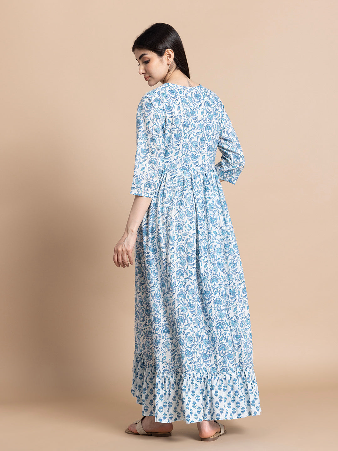 Sky Blue Floral Cotton Maternity Maxi Dress with Ruffle Border