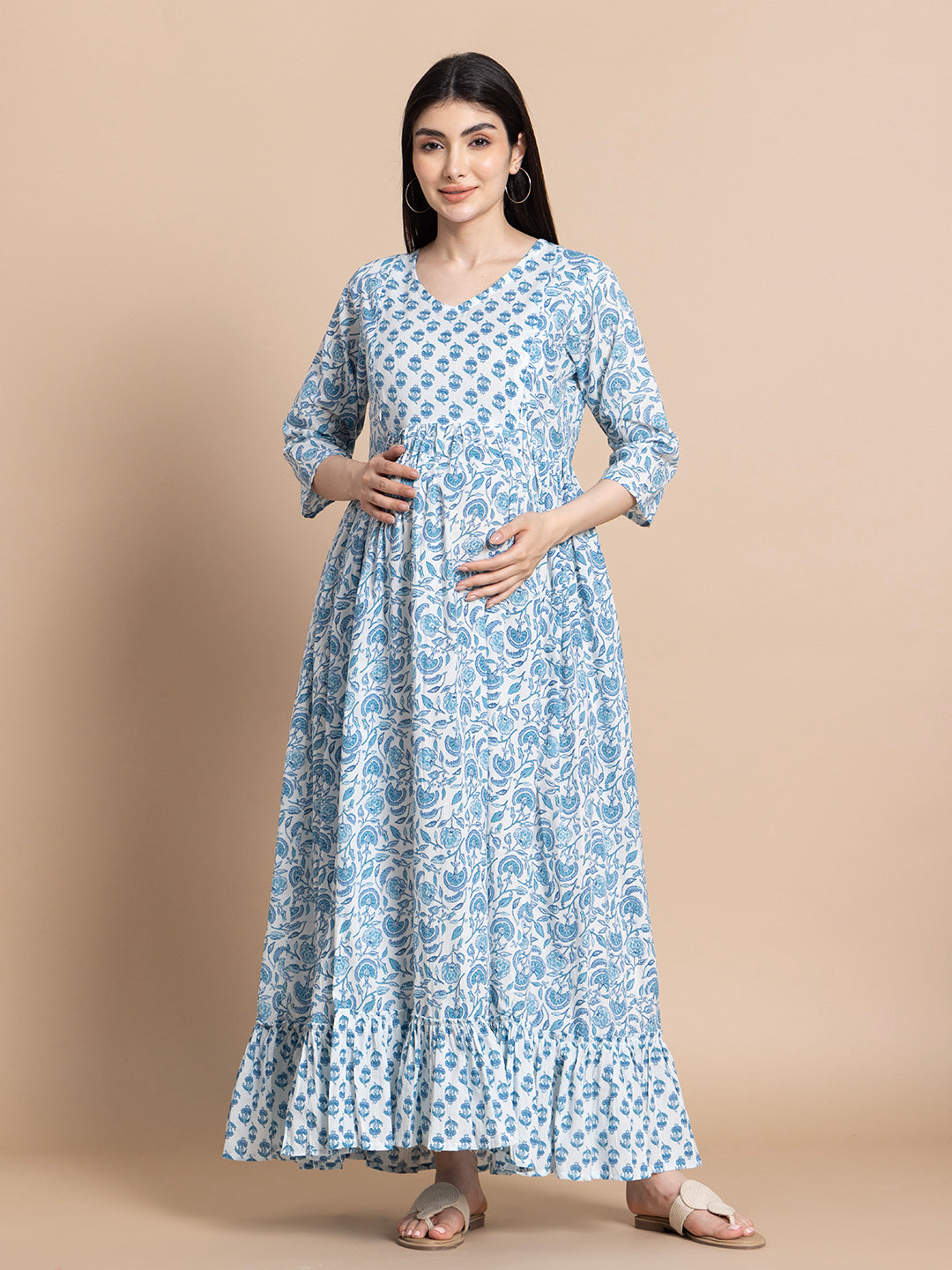 Blue Printed Pure Cotton Maternity Kurta for Women Gujari Jaipur