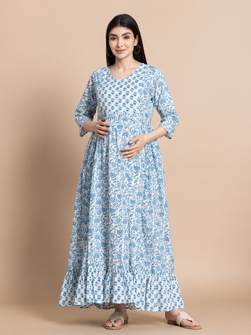 Blue Printed Pure Cotton Maternity Kurta for Women Gujari Jaipur