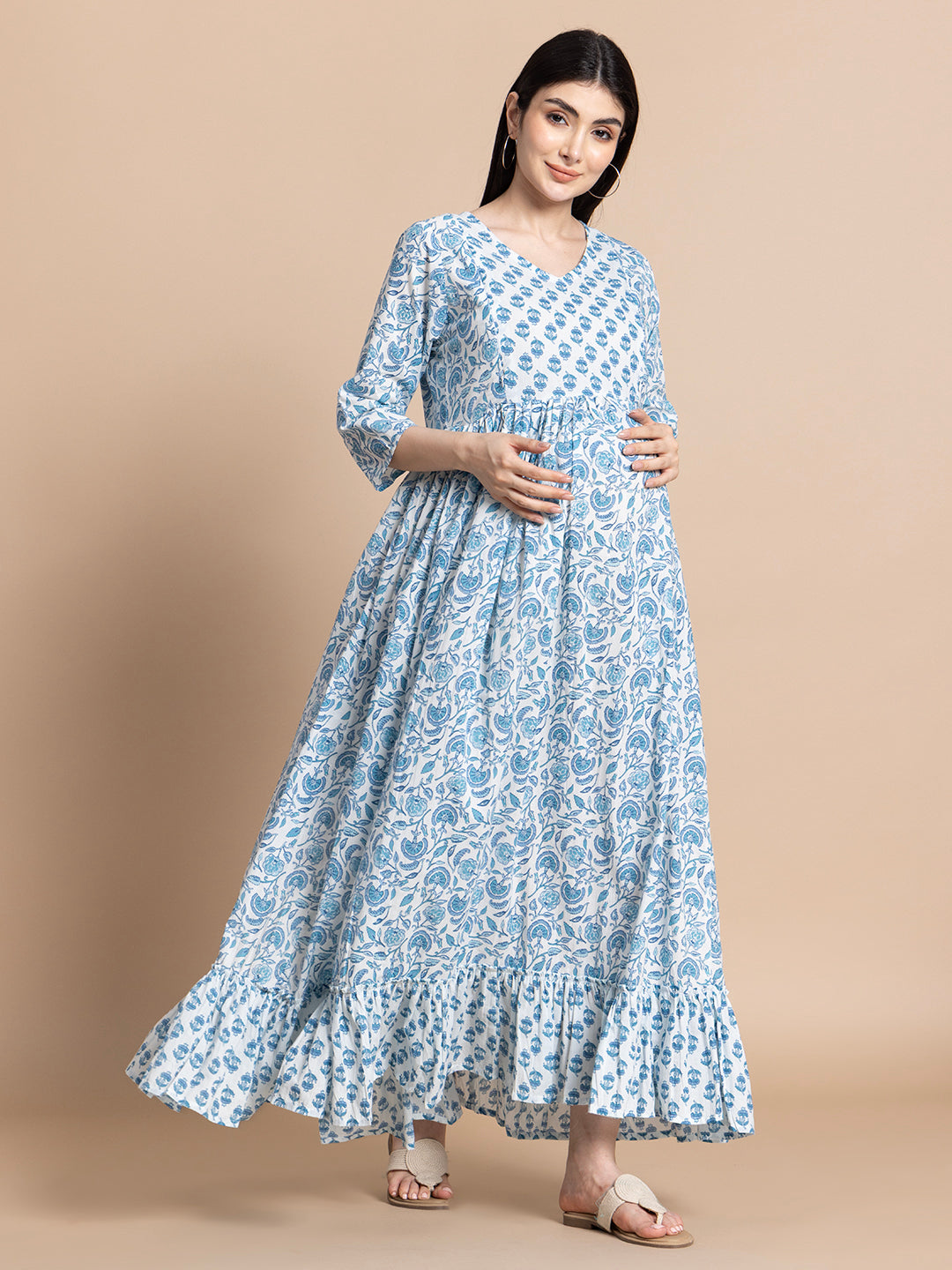 Sky Blue Floral Cotton Maternity Maxi Dress with Ruffle Border