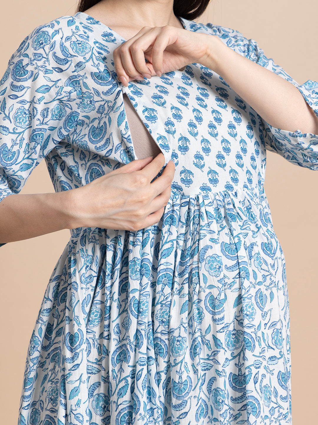 Sky Blue Floral Cotton Maternity Maxi Dress with Ruffle Border