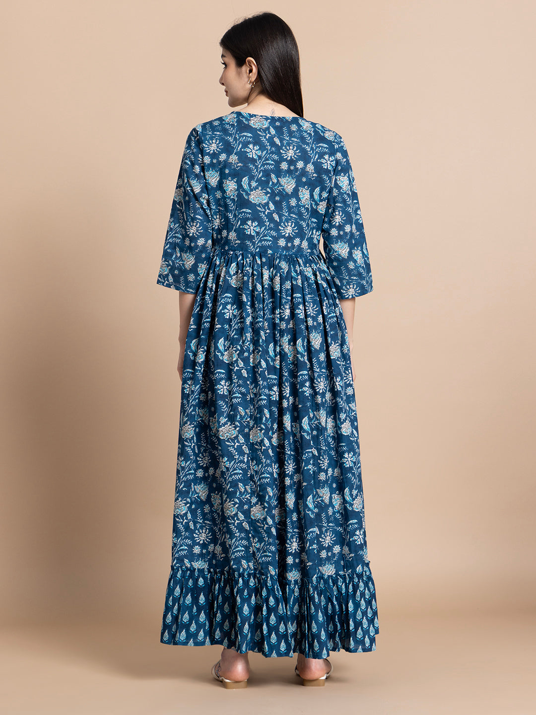 Indigo Floral Pure Cotton Maternity & Nursing Maxi Dress
