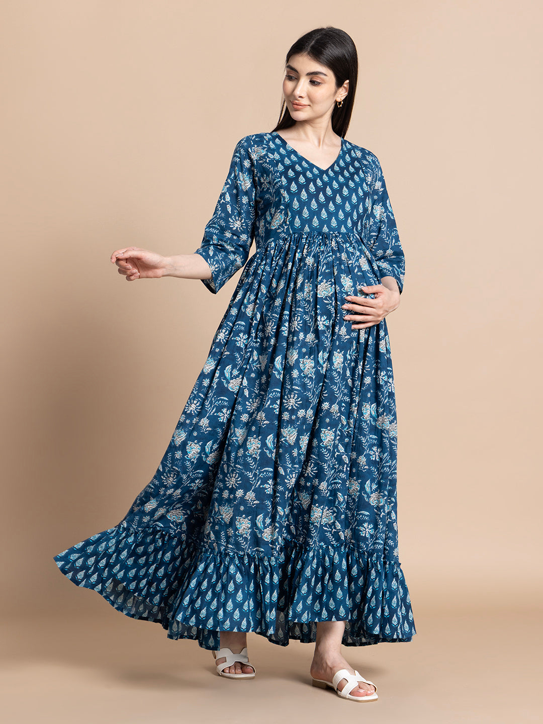 Indigo Floral Pure Cotton Maternity & Nursing Maxi Dress