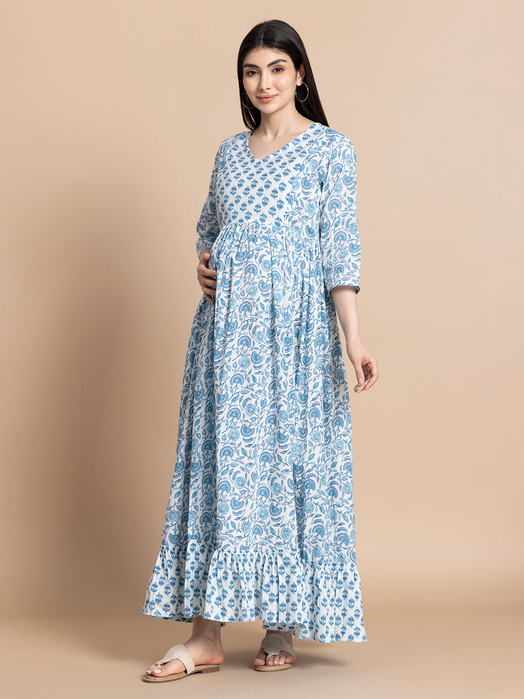 Blue Printed Pure Cotton Maternity Kurta for Women