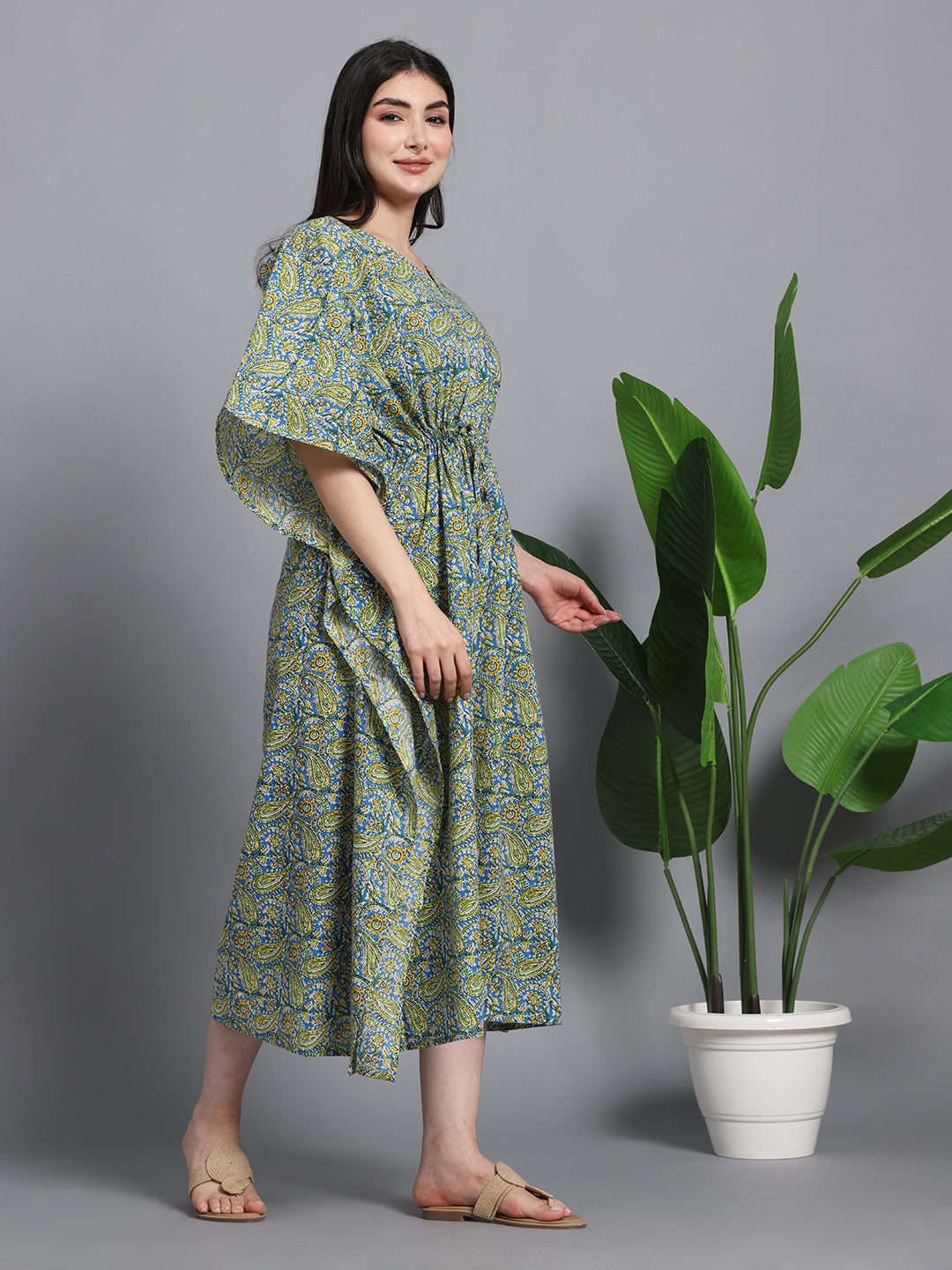 Green Paisley Floral Print Cotton Kaftan Maxi Dress
