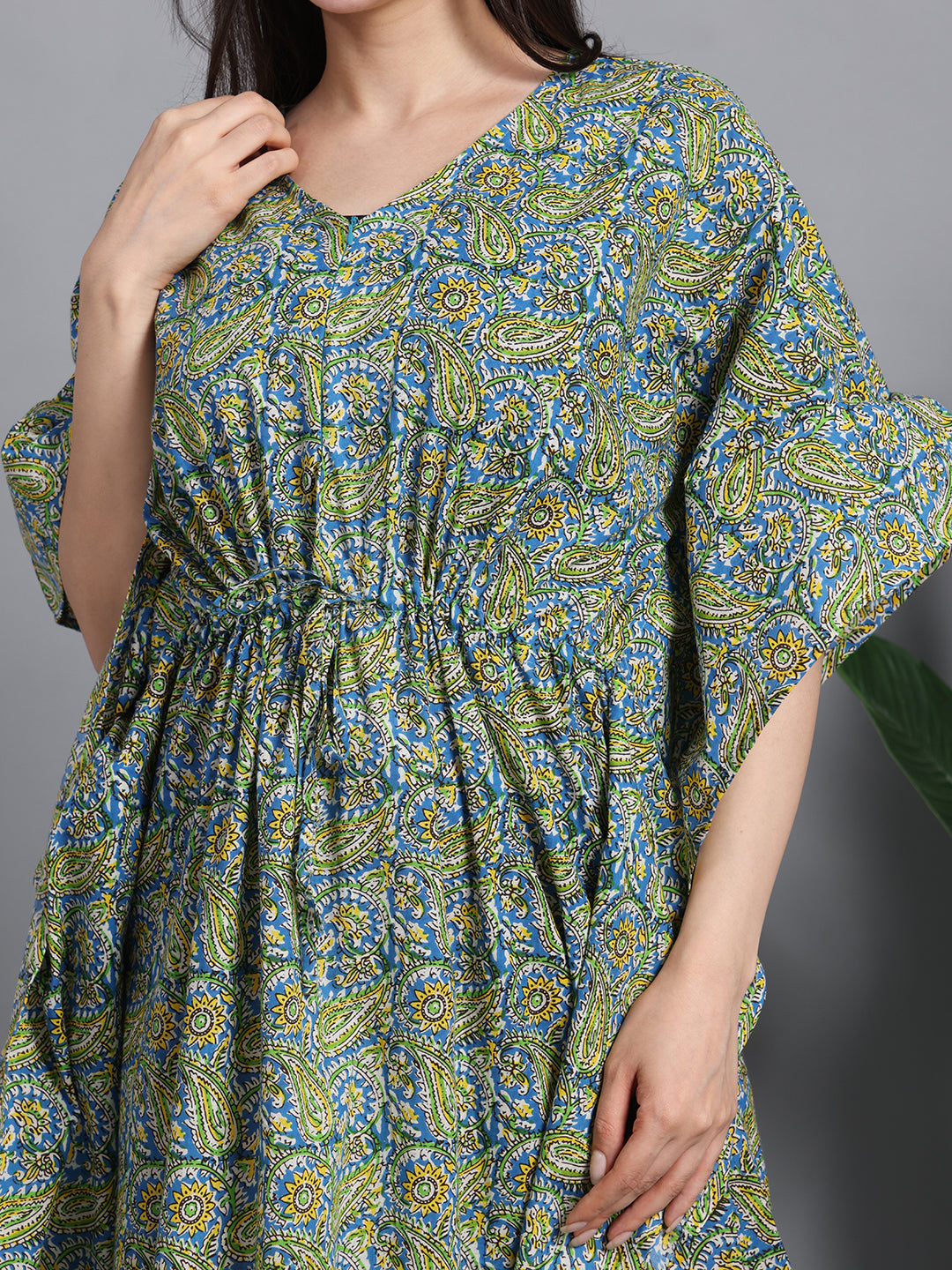 Green Paisley Floral Print Cotton Kaftan Maxi Dress