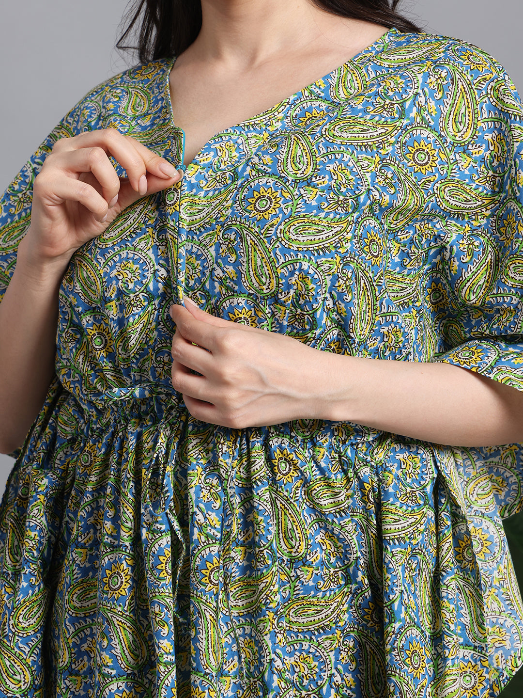 Green Paisley Floral Print Cotton Kaftan Maxi Dress