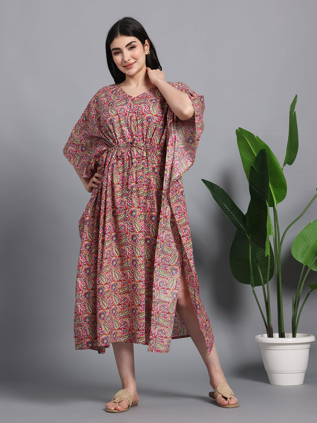 Women's Cotton Paisley Kaftan with Waist Tie