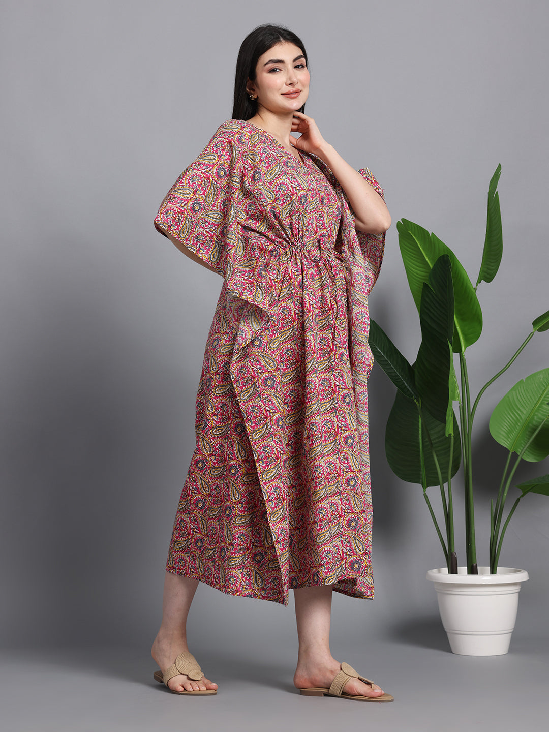 Women's Cotton Paisley Kaftan with Waist Tie