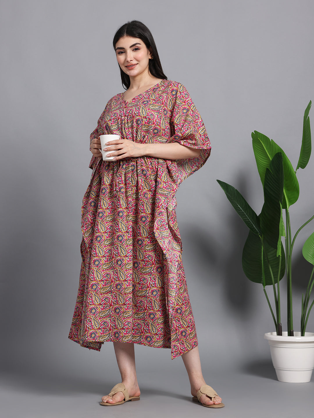 Women's Cotton Paisley Kaftan with Waist Tie