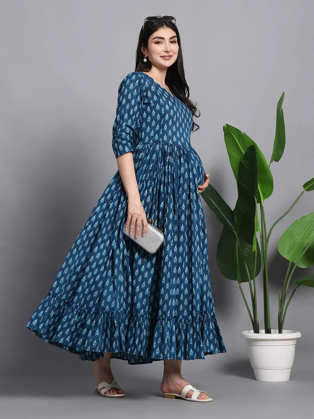 Teal Blue Printed Cotton Maternity Maxi Dress with Ruffle Hem