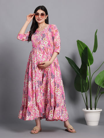 Pink Floral Cotton Maternity Maxi Dress with Ruffle Hem