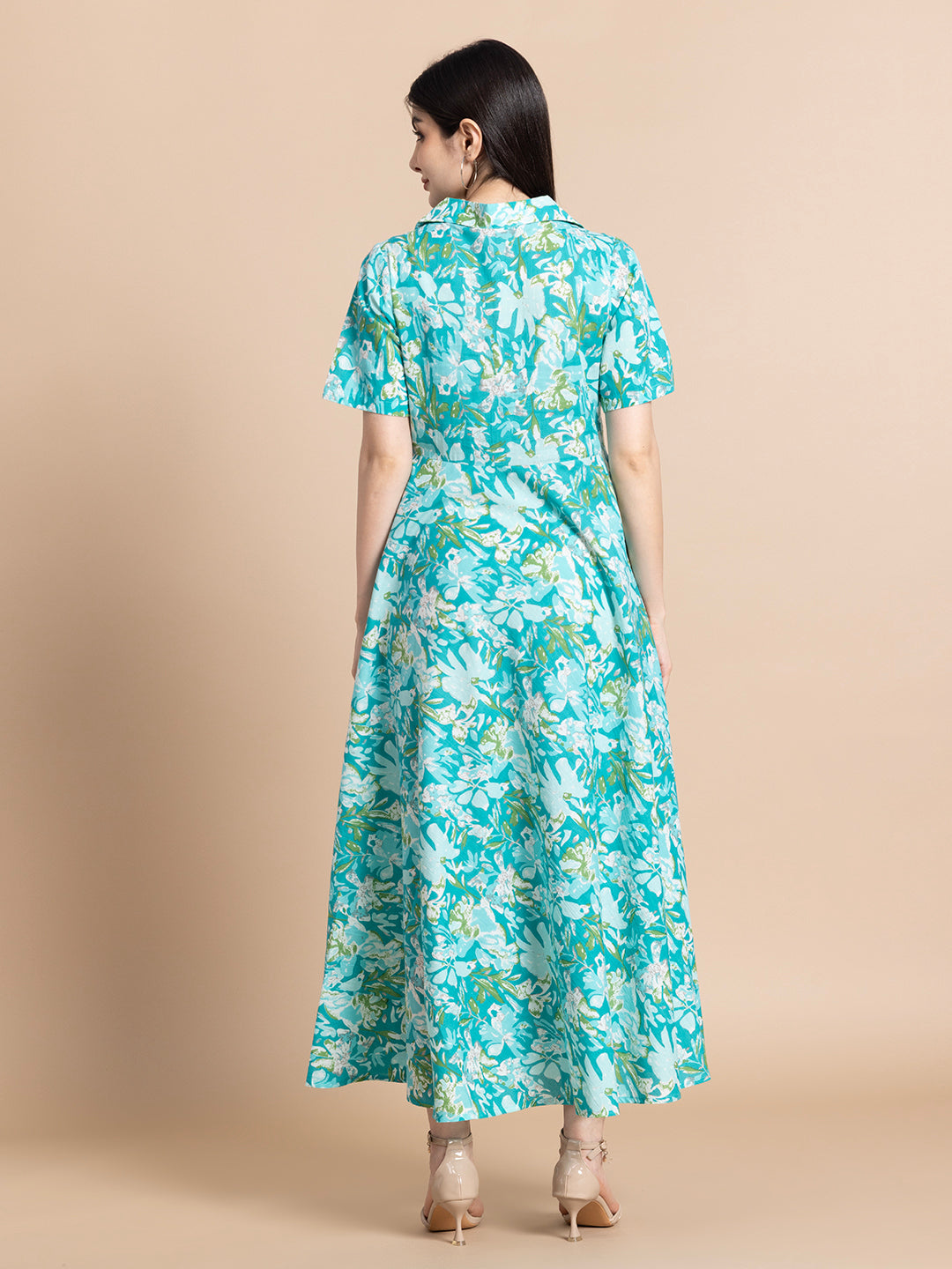 Sea Green Floral Printed Cotton A-Line Midi Dress