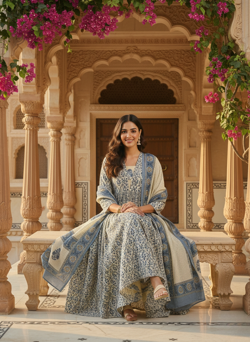 Woman in blue floral maternity dress and dupatta sitting in a traditional Indian courtyard with pink bougainvillea flowers.