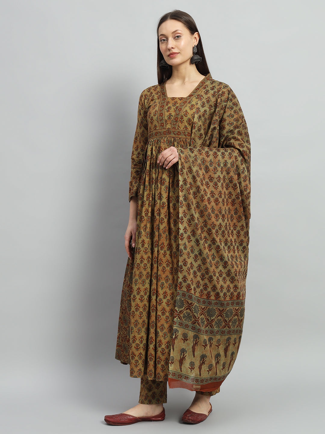 Woman wearing olive green floral maternity kurta set with dupatta, ethnic print, comfortable fit