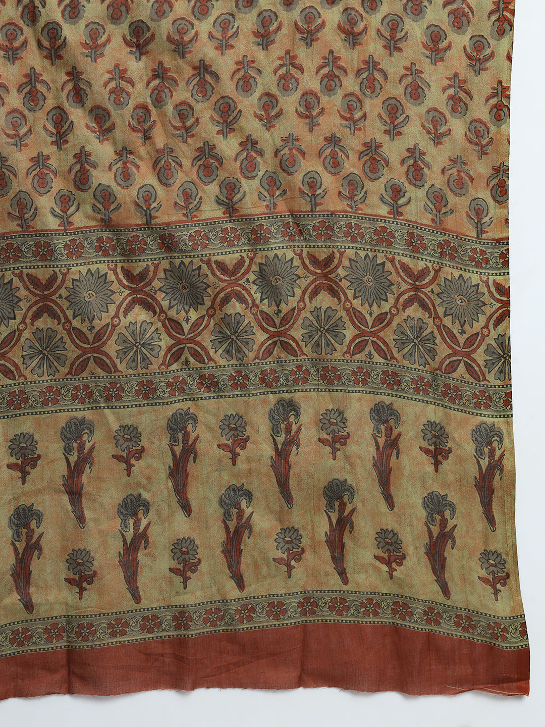 Beige floral hand block print fabric with traditional Indian motifs and geometric border