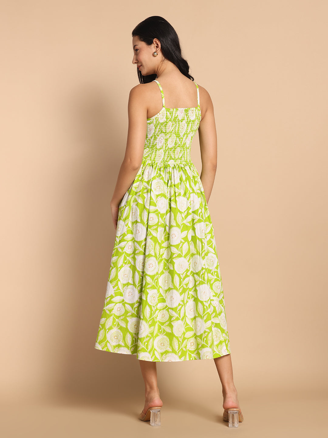 Lime Green Floral Smocked Midi Dress with Adjustable Straps