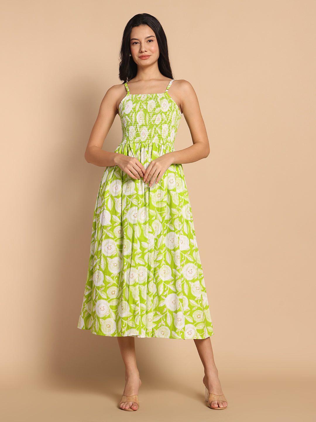 Lime Green Floral Smocked Midi Dress with Adjustable Straps
