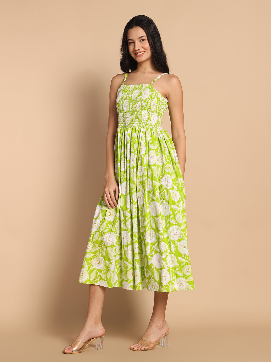 Lime Green Floral Smocked Midi Dress with Adjustable Straps