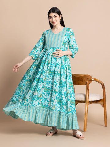 Turquoise Floral Cotton Maternity Maxi Dress with Striped Yoke and Ruffle Hem