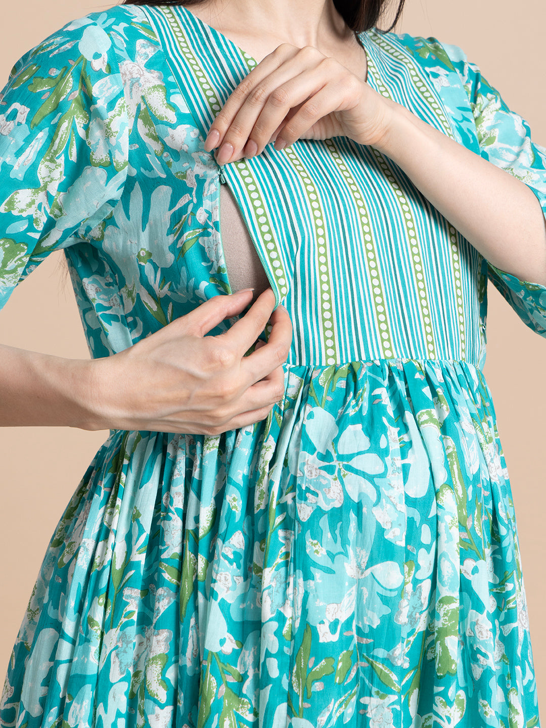 Turquoise Floral Cotton Maternity Maxi Dress with Striped Yoke and Ruffle Hem