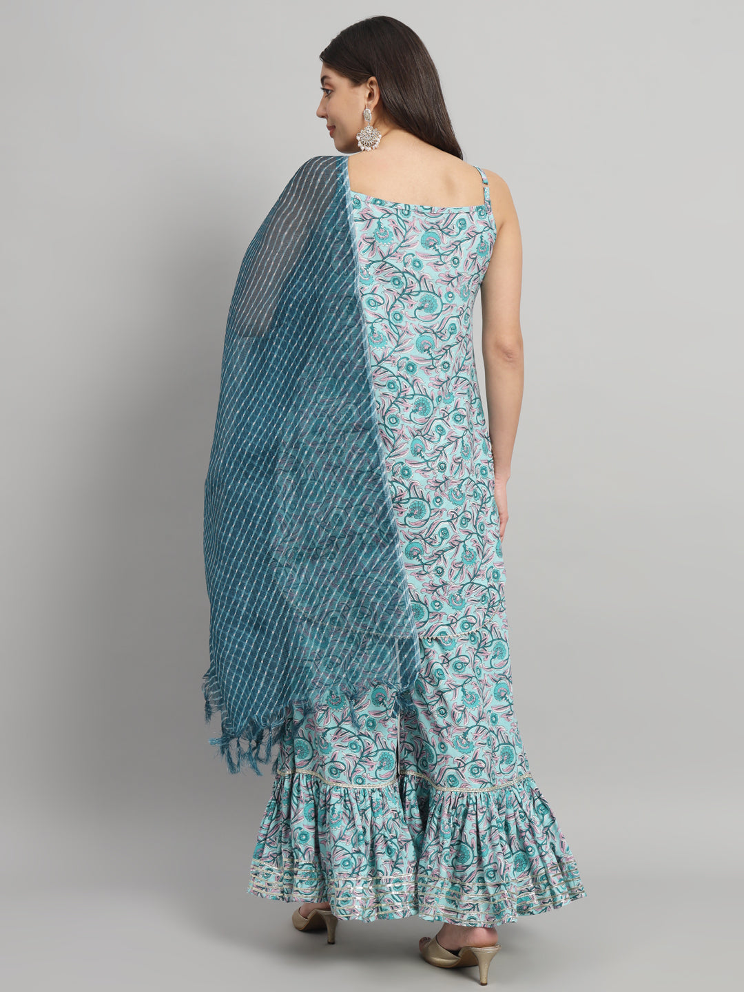 Woman in floral maternity maxi dress with ruffled hem and blue dupatta, back view