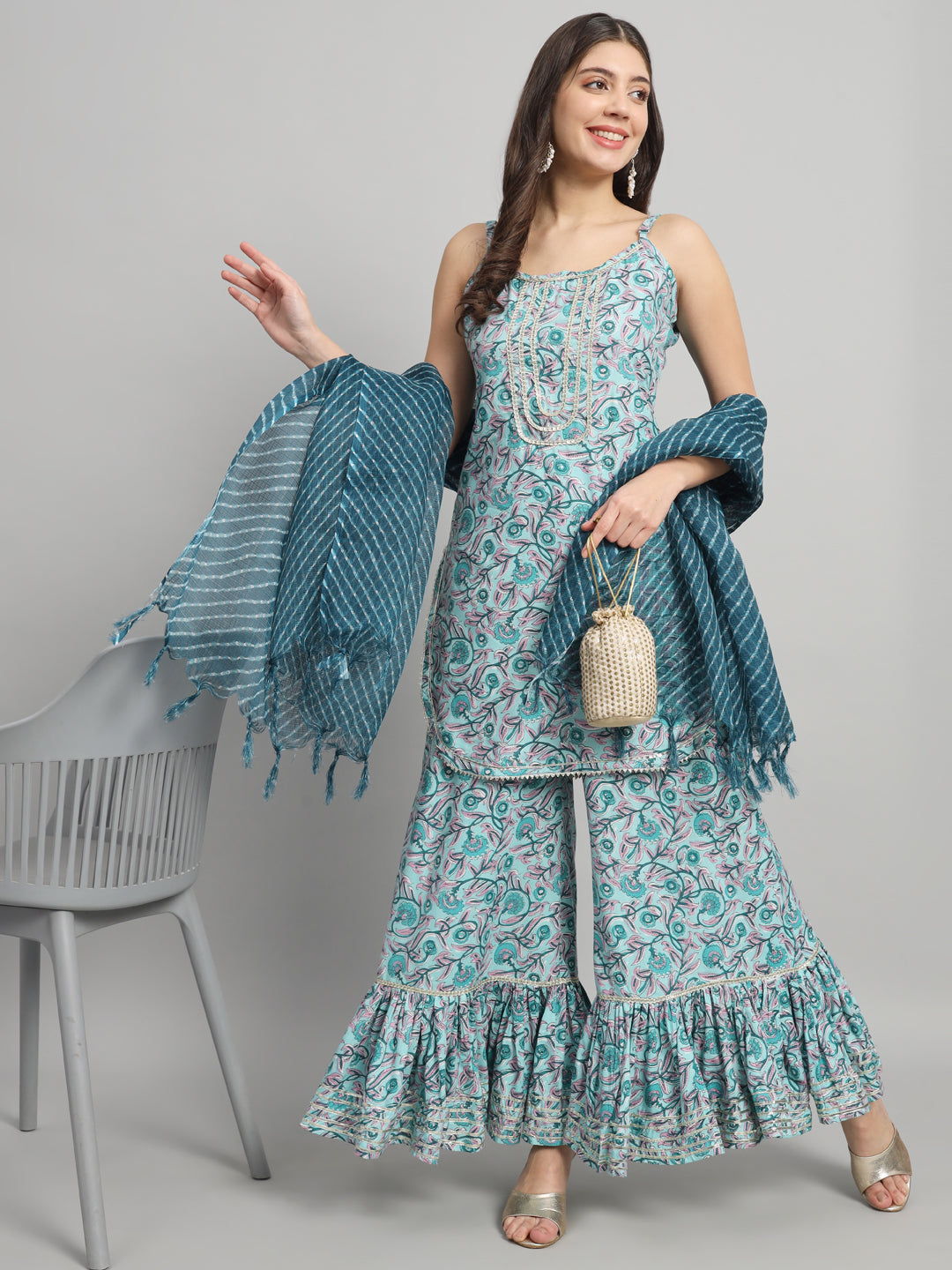 Elegant Ethnic Printed Sharara Set with Matching Dupatta