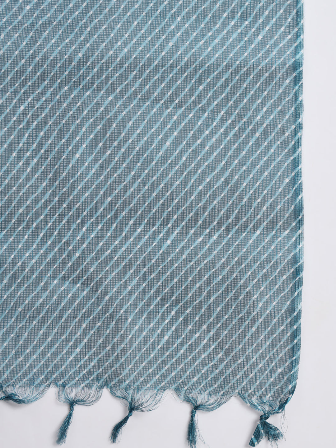 Blue handwoven dupatta with white diagonal stripes and tassel fringe edges