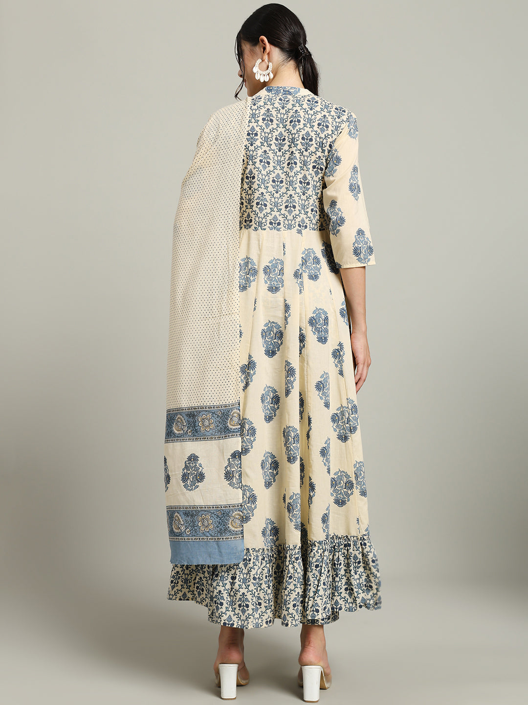 Woman wearing a cream and blue floral printed maternity dress with dupatta, seen from back