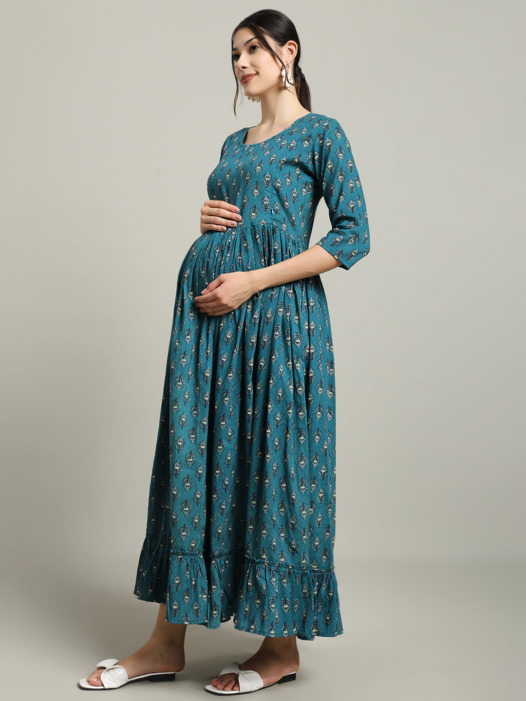 Teal Green Printed Maternity Kurta for Women