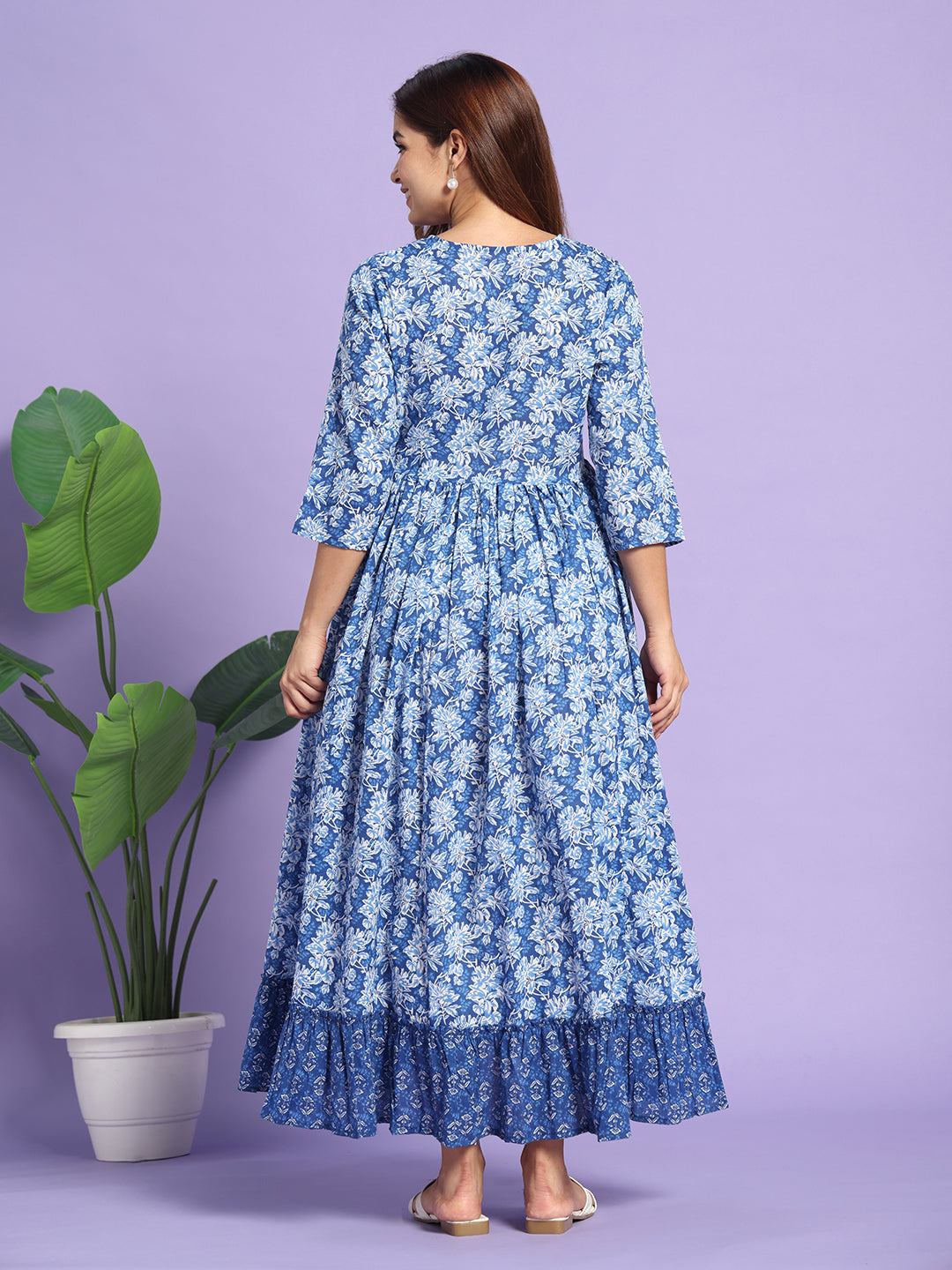 The Indigo Bloom: Premium Cotton Maternity & Nursing Maxi Dress