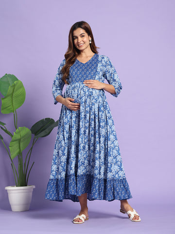 The Indigo Bloom: Premium Cotton Maternity & Nursing Maxi Dress
